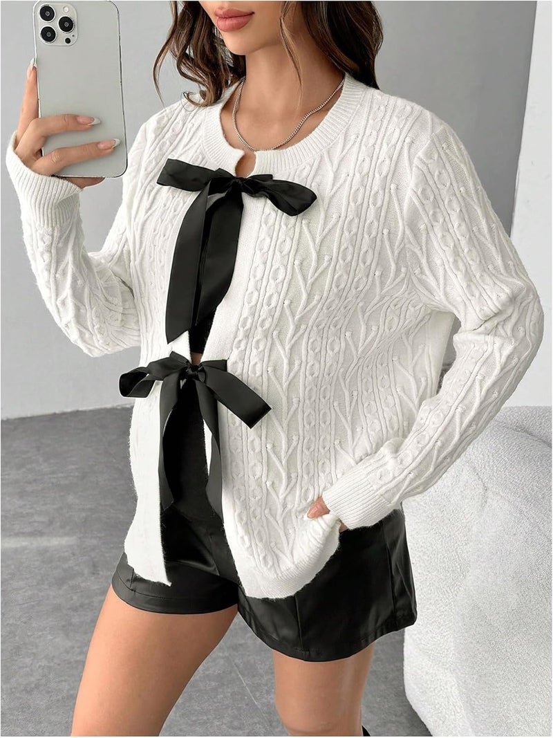MakeMeChic Women's Maternity Sweater Bow Knot Crew Neck Long Sleeve Pregnancy Cardigan - Image 3